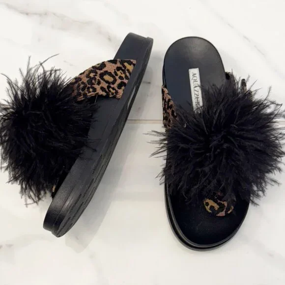 Aquazzura Boudoir Feather-Trimmed Black Animal Print Thong Sandals 7.5 - Picture 2 of 11
